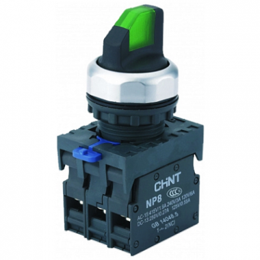 Фотография товара 'CHINT 667132 Переключатель без подсветки NP8-11X/21, 2 положения с фиксацией, зелёная 1НО+1НЗ IP65 (R)'