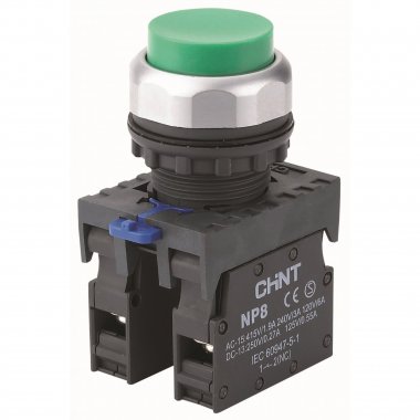 Фотография товара 'CHINT 667611 Кнопка упр. выступ., NP8-20GND/3 подсвет., самовозв., зелен., AC110-230В(LED), 2НО, IP65 (R)'