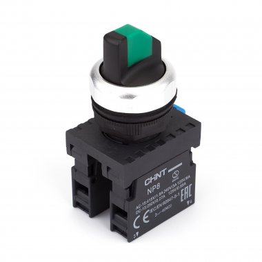 Фотография товара 'CHINT 667226 Переключатель без подсветки NP8-02X/313, 3 положение фиксацией, зеленый, 2НЗ, IP65 (R)'