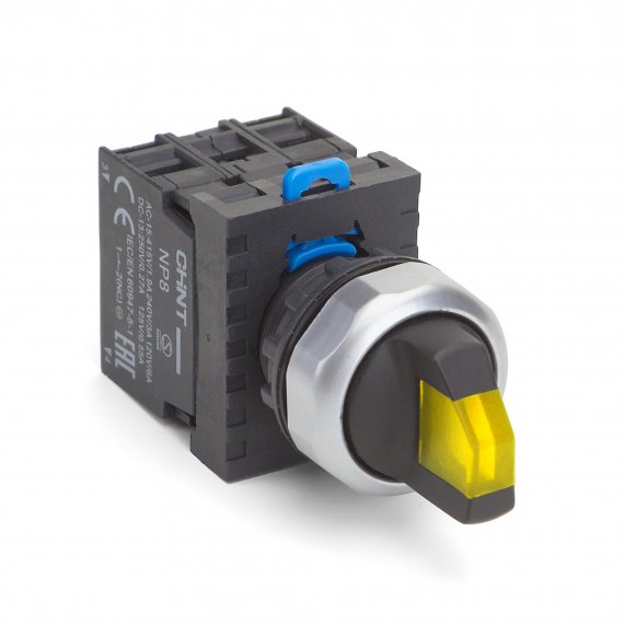 Фотография товара 'CHINT 667685 Переключатель подсвет. NP8-02XD/226, 2 полож. самовозв., желт., AC110-230В(LED), 2НЗ, IP65 (R)'