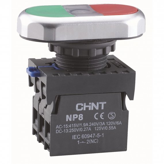Фотография товара 'CHINT 667626 Двойная, кнопка NP8-02SD/1 белый, AC110-230В(LED), 2НЗ, IP65 (R)'