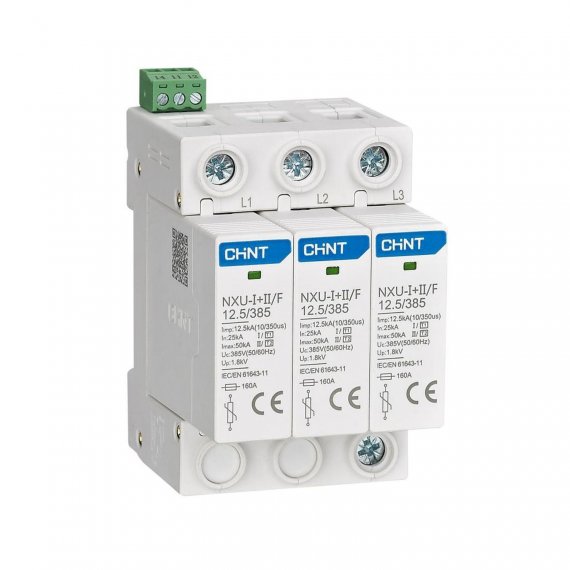 Фотография товара 'CHINT 308597 Ограничитель имп. перенапр. NXU-?+?/F 3P In=25kA Uc=385В Im=50kA (R)'