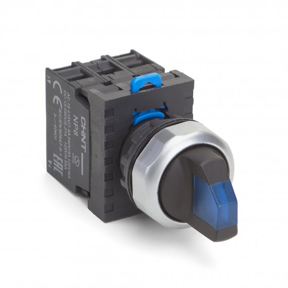 Фотография товара 'CHINT 667695 Переключатель подсвет. NP8-11XD/336, 3 полож. самовозв. 45град, синий, AC110-230В, 1НО+1НЗ, IP65 (R)'