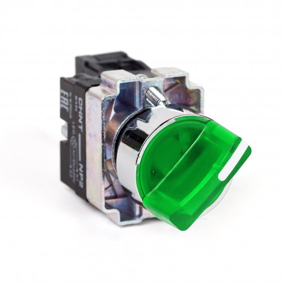 Фотография товара 'CHINT 265954 Переключатель NP2-BK12365, 2 положения фиксацией 1НО+1НЗ, зелёная AC230В (LED), IP40 (R)'