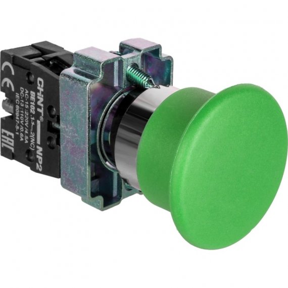 Фотография товара 'CHINT Кнопка управления "Грибок" 40мм с самовозвратом NP2-BC32 без подсветки зеленая 1НЗ IP40 (CHINT) 573798'